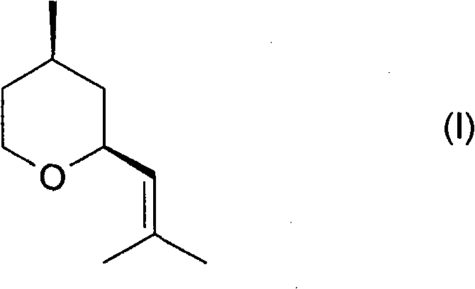 Chemical structure of cis-2-(2-methylprop-1-enyl)-4-methyltetrahydropyran (Formula I), the target cis-rose oxide product