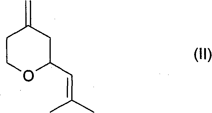 Structure of 2-(2-methylprop-1-enyl)-4-methylenetetrahydropyran (Formula II), the hydrogenation precursor