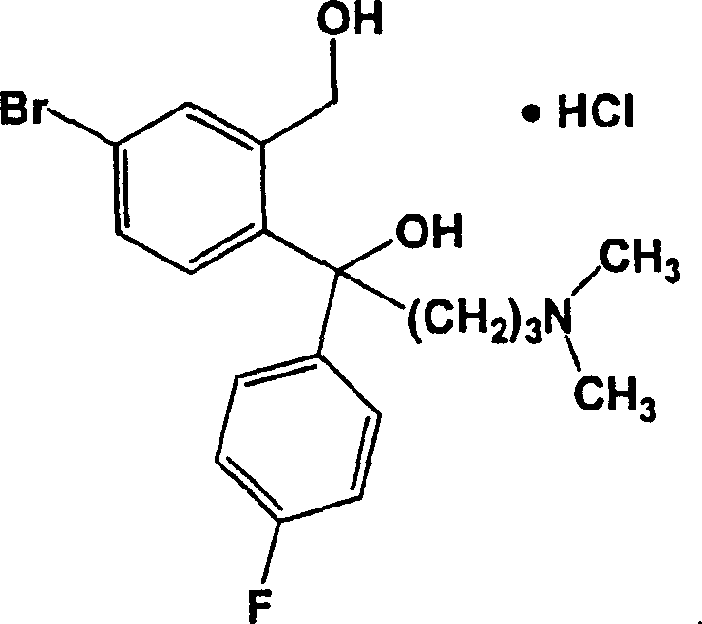 Chemical structure of Citalopram HBr showing the final active pharmaceutical ingredient