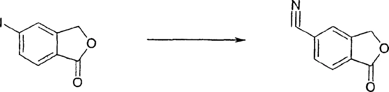 Chemical reaction scheme showing the conversion of 5-iodo-3H-isobenzofuran-1-one to 5-cyano-3H-isobenzofuran-1-one