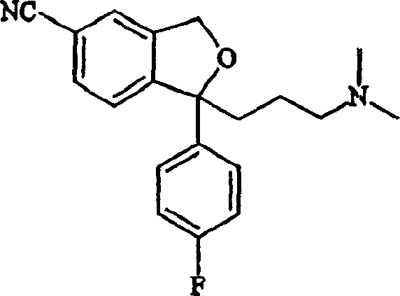 Chemical structure of Citalopram showing the 1-(4-fluorophenyl)-1,3-dihydroisobenzofuran-5-carbonitrile core