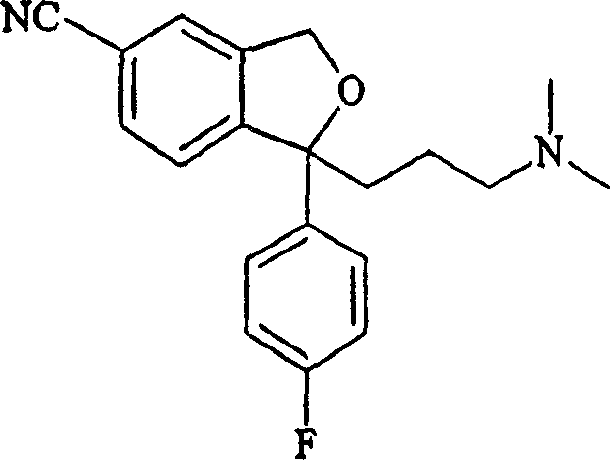 Chemical structure of Citalopram (Formula I) showing the isobenzofuran core and dimethylaminopropyl side chain
