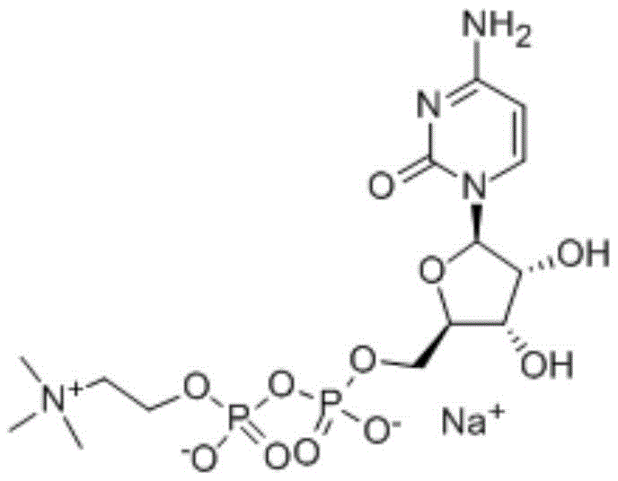 Chemical structure of Citicoline Sodium showing the cytidine and phosphocholine moieties linked by a pyrophosphate bridge