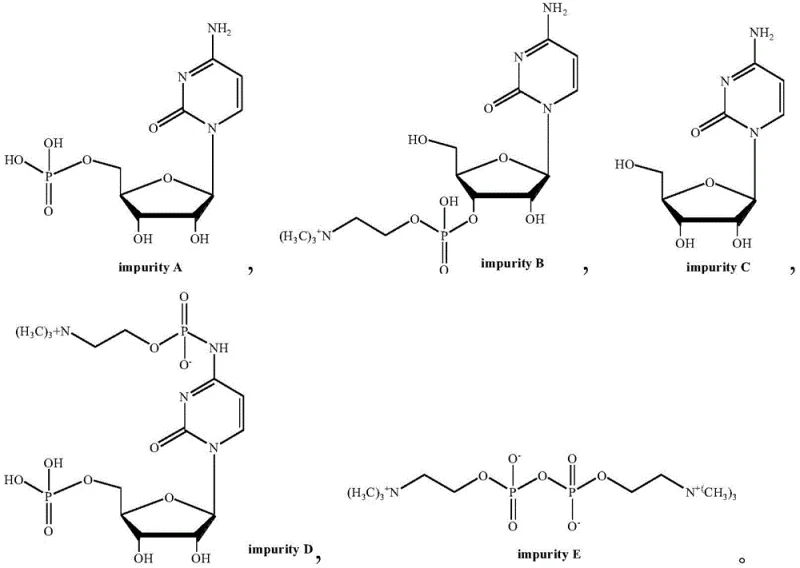 Chemical structures of Impurities A, B, C, D, and E associated with Citicoline synthesis
