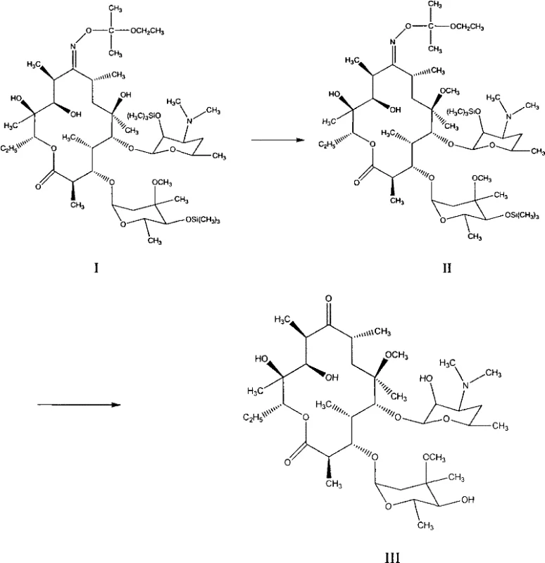 Reaction scheme showing the conversion of protected erythromycin A oxime to clarithromycin via methylation and deprotection