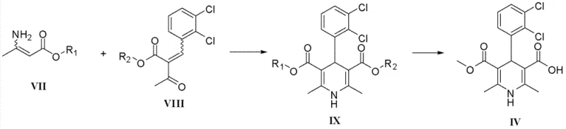 General reaction scheme for novel dihydropyridine synthesis showing intermediate IX formation
