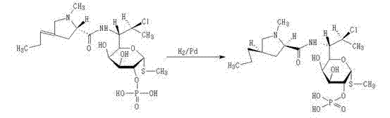 Reaction scheme showing the catalytic hydrogenation of dehydro-clindamycin phosphate to clindamycin phosphate using H2 and Pd/C
