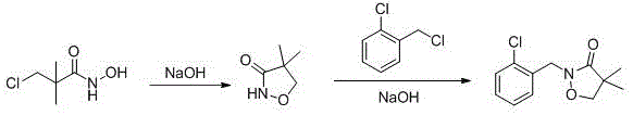 Cyclization and benzylation steps to form final Clomazone product