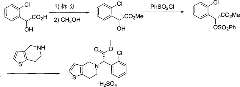 Reaction scheme showing the conversion of R-o-chloromandelic acid to Clopidogrel Bisulfate via esterification, sulfonylation, and substitution