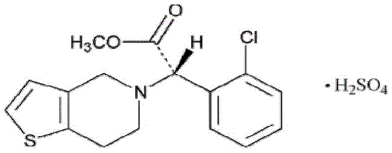 Chemical structure of Clopidogrel Hydrogen Sulfate showing the chiral center and sulfate group