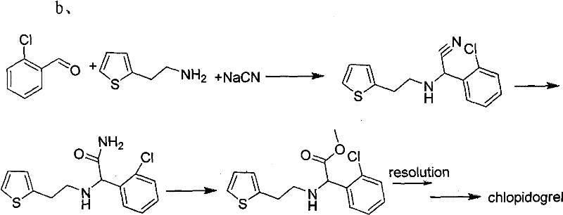 Prior art synthesis route using 4,5,6,7-tetramethylenethieno[3,2-c]pyridine showing purification difficulties
