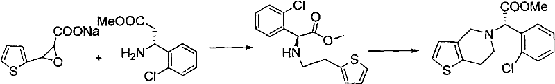 Prior art synthesis route using expensive (R)-o-chloromandelic acid starting material