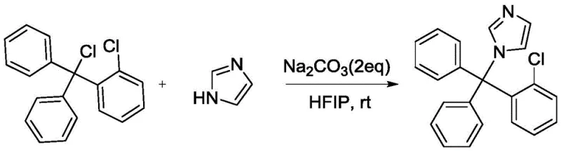 Reaction scheme showing the one-step synthesis of Clotrimazole from 2-chlorotrityl chloride and imidazole using Na2CO3 in HFIP