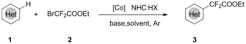 General reaction scheme showing cobalt-catalyzed difluoroalkylation of heterocycles with ethyl difluorobromoacetate