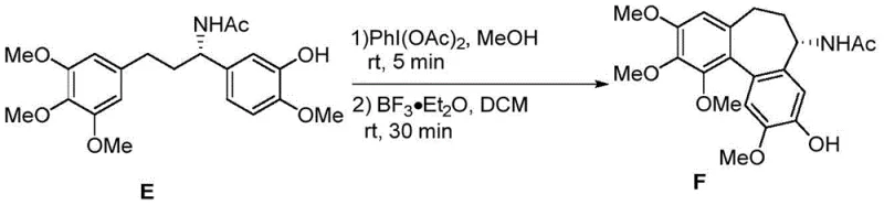 Intramolecular oxidative coupling step converting linear precursor E to allocolchicine F