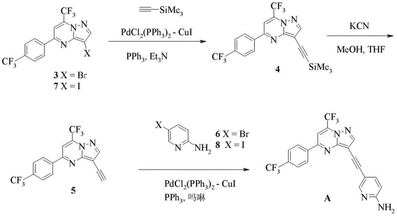 Scheme 1 showing the main synthetic route for Compound A via Sonogashira coupling