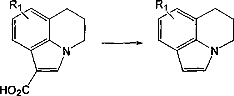 General reaction scheme showing the decarboxylation of fused ring indole carboxylic acid to condensed ring indole using chloride salts