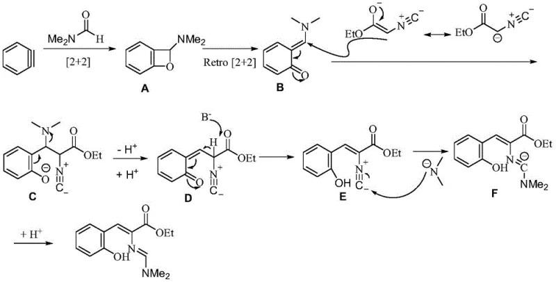 Detailed reaction mechanism showing benzyne generation and cycloaddition steps