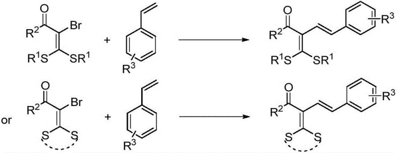General reaction scheme showing the synthesis of conjugated diene compound 1 from alpha-halogenated dithioketal 2 and styrene 3