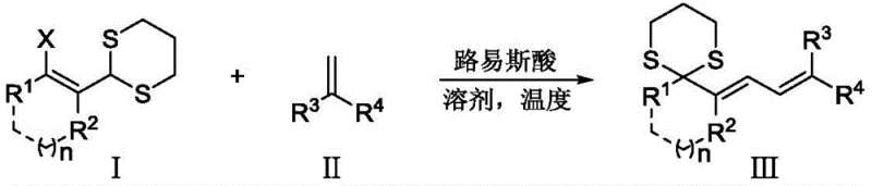 General reaction scheme showing Lewis acid catalyzed synthesis of conjugated dienes from beta-halovinyl-1,3-dithiane derivatives and olefins