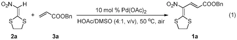 Reaction scheme showing Pd-catalyzed coupling of alpha-nitrodithioacetal 2a with benzyl acrylate 3a to form product 1a