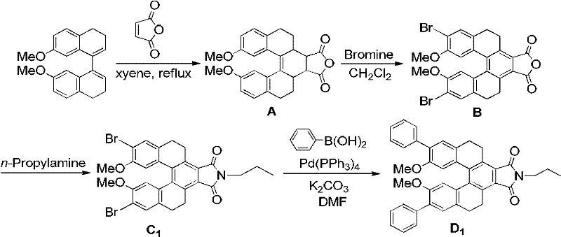 Synthetic route for Example 1 showing Diels-Alder addition, bromination, imidization and Suzuki coupling to form compound D1
