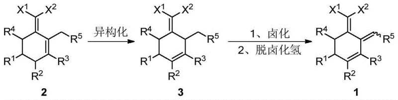 Synthetic route showing isomerization of compound 2 to 3 followed by halogenation and dehydrohalogenation to form compound 1