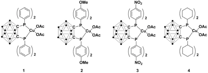 Specific structures of copper complexes 1-4 with varying R groups including phenyl and cyclohexyl derivatives