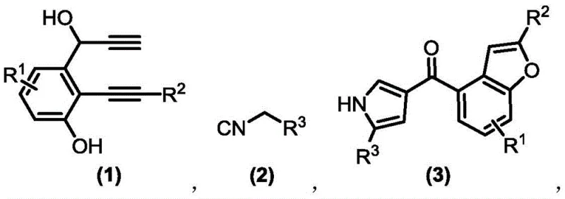 General reaction scheme showing copper catalyzed synthesis of benzofuran-pyrrole compounds from 1,6-diyne-3-ol and isocyanides