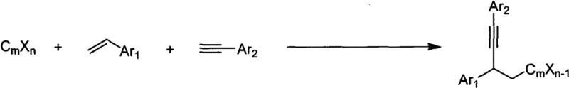 General reaction scheme showing copper-catalyzed coupling of polyhalogenated alkane, aromatic olefin, and aromatic alkyne