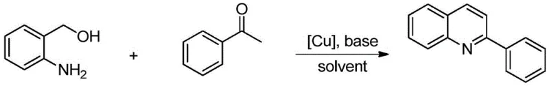 General reaction scheme for copper-catalyzed synthesis of quinoline derivatives from 2-aminobenzyl alcohol and acetophenone