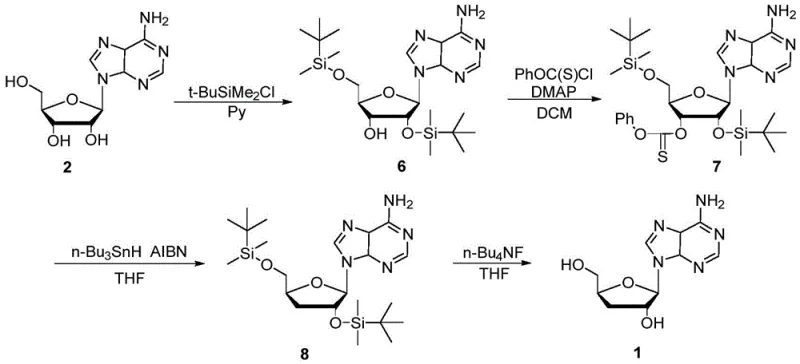 Conventional synthesis route using silyl protection and toxic tin hydride reagents