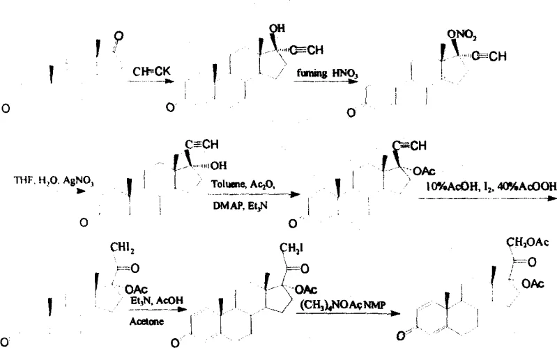 Reaction scheme showing the 5-step synthesis from ADD to the final diacetate product