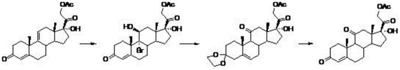 Overall reaction scheme showing the conversion of 17 alpha-hydroxypregna-4, 9-diene-3, 20-dione acetate to cortisone acetate via brominated intermediates