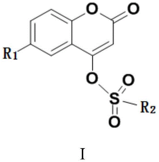 General chemical structure of Coumarin-4-sulfonic acid ester derivatives showing variable R1 and R2 groups