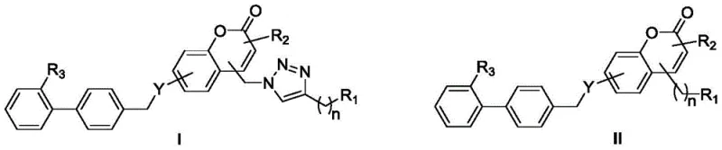 General structural formulas of coumarin-biphenyl compounds showing Formula I and Formula II variations