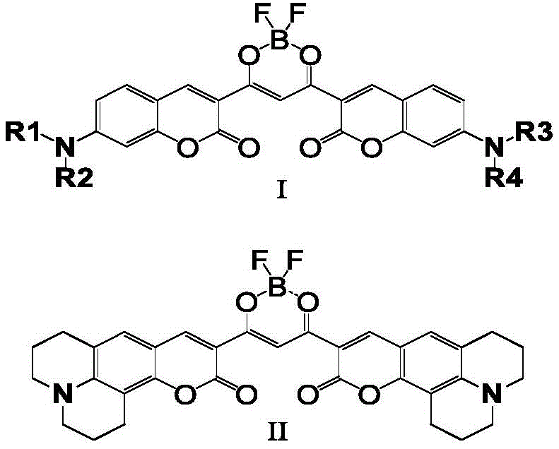 General chemical structures of coumarin-based beta-diketone boron fluoride fluorescent dyes showing variable alkyl groups