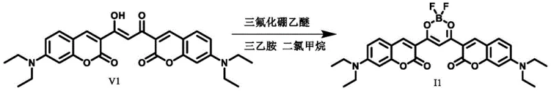 Chemical reaction converting the beta-diketone intermediate V1 into the final boron-coordinated fluorescent dye I1