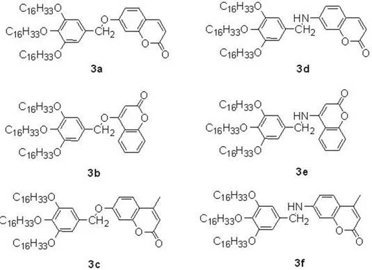 Chemical structures of specific coumarin fluorescent agent products 3a through 3f demonstrating substrate scope
