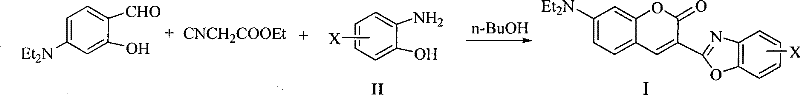 Reaction scheme showing the one-pot synthesis of coumarin fluorescent dyes from ethyl cyanoacetate, salicylaldehyde derivatives, and aminophenols