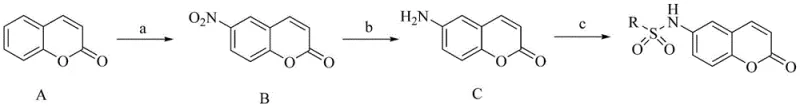 Three-step synthesis route from coumarin to final sulfonamide product