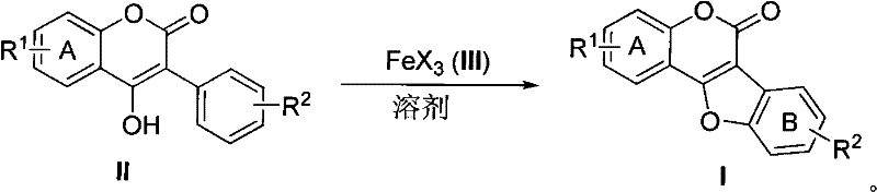 General reaction scheme showing FeX3 catalyzed conversion of 3-aryl-4-hydroxycoumarin to coumestan derivatives
