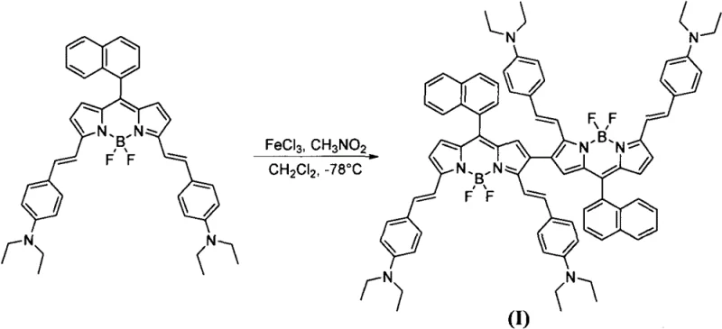 Reaction scheme showing FeCl3 catalyzed coupling of BODIPY monomer to dimer