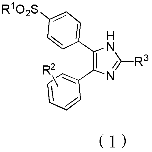 General structural formula of COX-II inhibiting imidazole derivatives showing R1, R2, and R3 substituents
