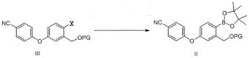 Core reaction scheme showing Pd-catalyzed borylation of protected intermediate III to boronate II