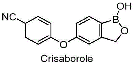 Chemical structure of Crisaborole showing the benzoxaborole core and benzonitrile moiety