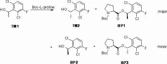 Reaction scheme showing the chiral resolution of TM1 into TM2 using Boc-L-proline