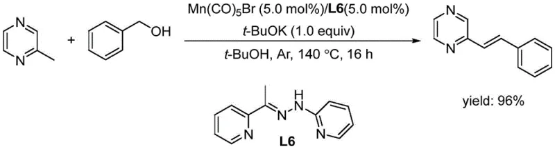 Prior art reaction scheme showing manganese-catalyzed alkenylation requiring high temperature and metal catalyst