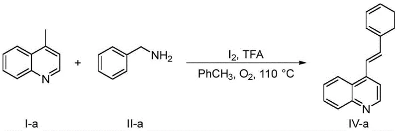 Core reaction scheme showing iodine-catalyzed synthesis of 4-styrylquinoline from 4-methylquinoline and benzylamine
