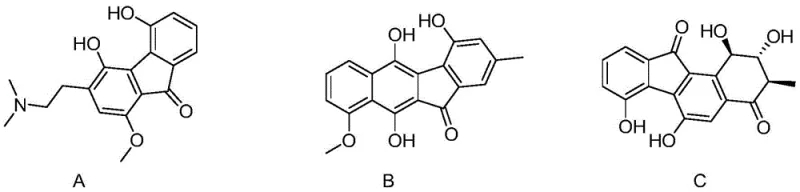 Chemical structures of bioactive benzofluorenone derivatives like cauliphine and kinafluorenone